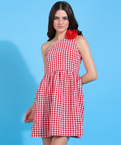 Women’s Red White Check One Shoulder Mini Dress with Floral Detail