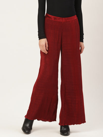 Maroon Pleated Wide Leg Palazzo Pants for Women – High Waist Trendy Party & Casual Wear