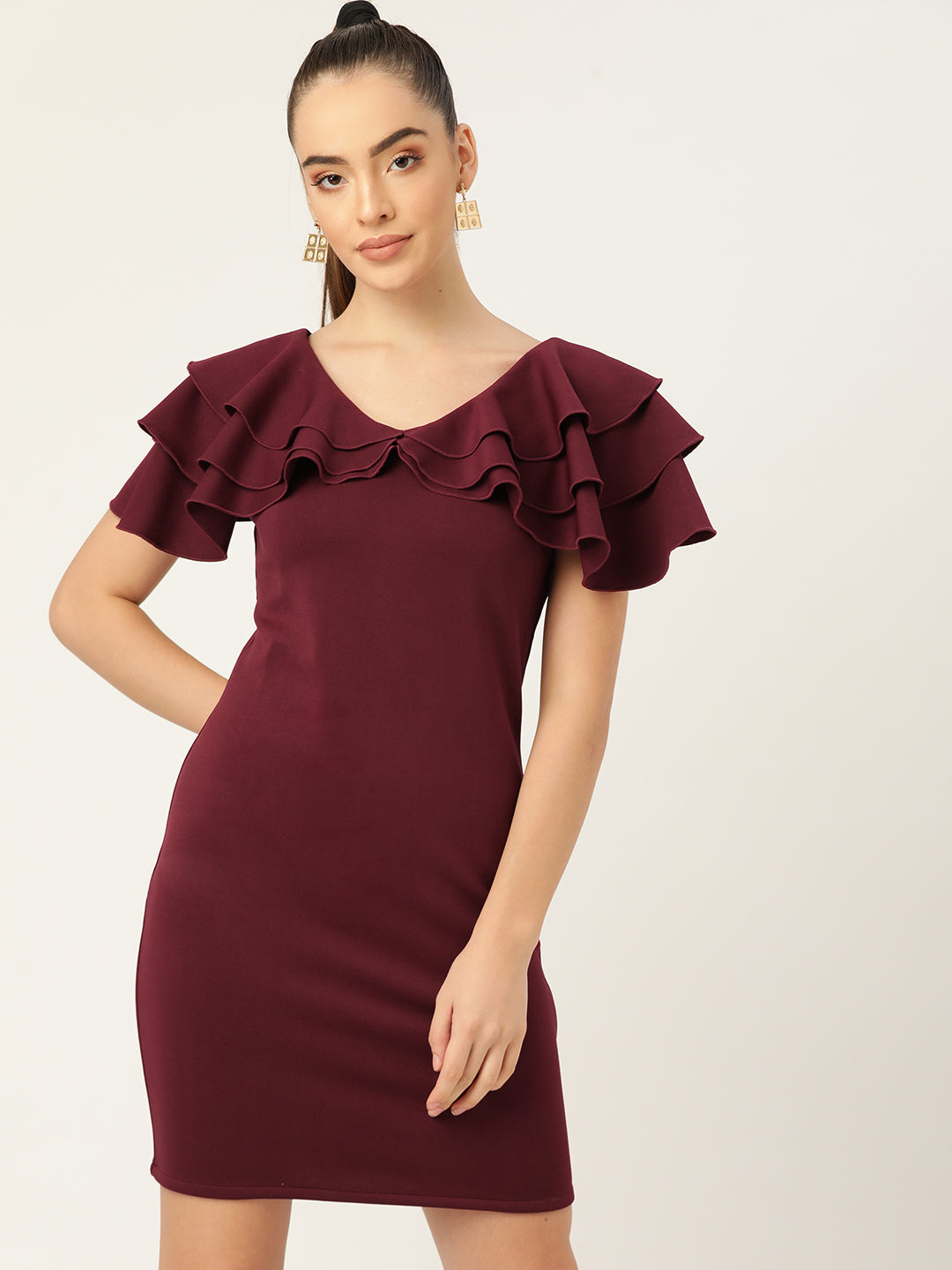 Maroon Ruffle Sleeve Bodycon Mini Dress for Women