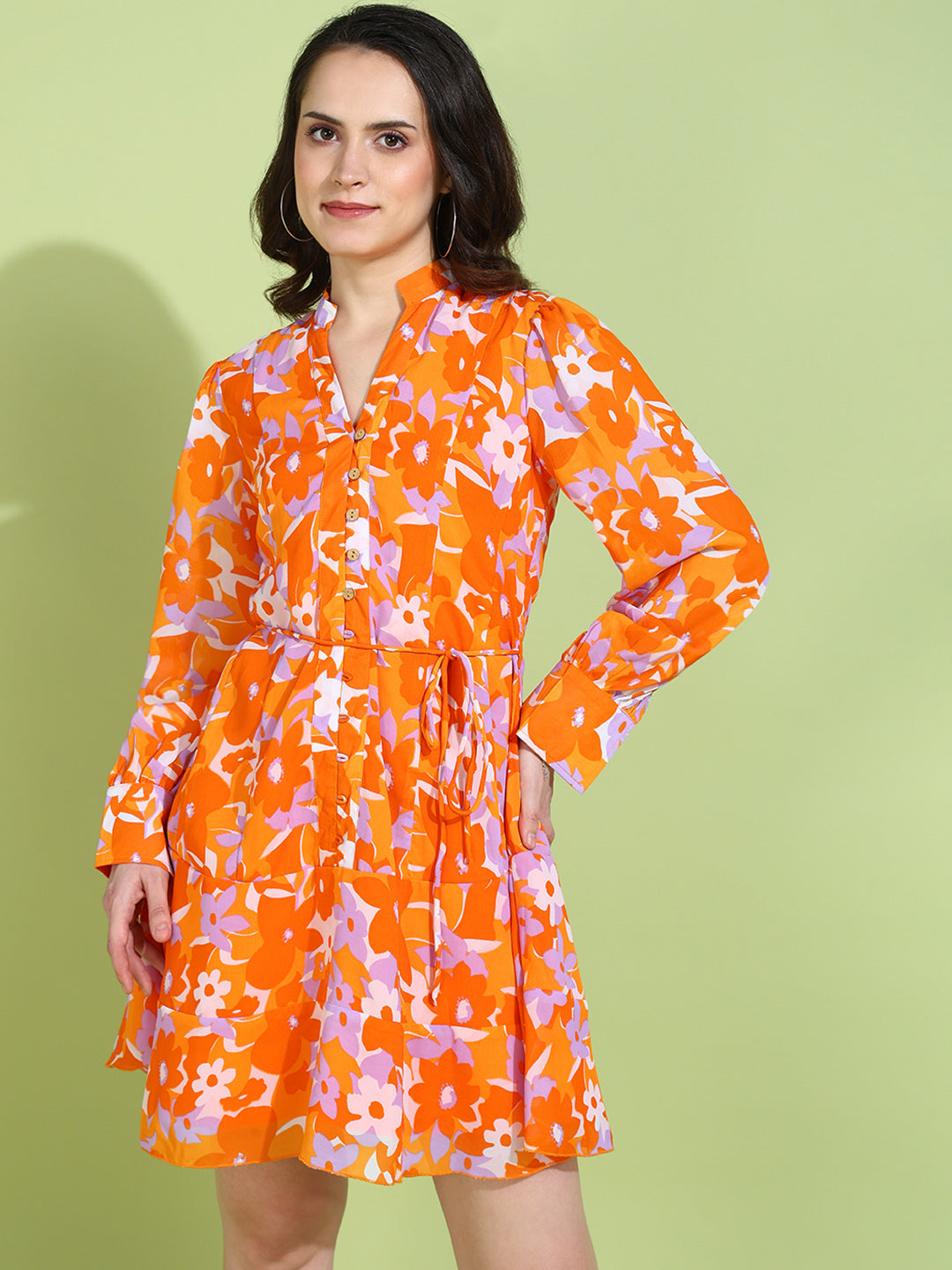 Orange Floral Print Button Down A-Line Mini Dress for Women