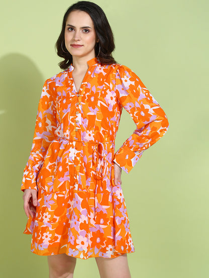 Orange Floral Print Button Down A-Line Mini Dress for Women