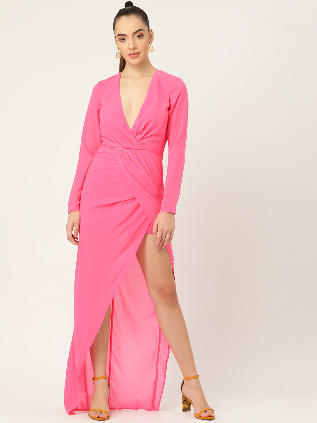 Elegant Pink Wrap Maxi Dress with Long Sleeves and Side Slit for Women