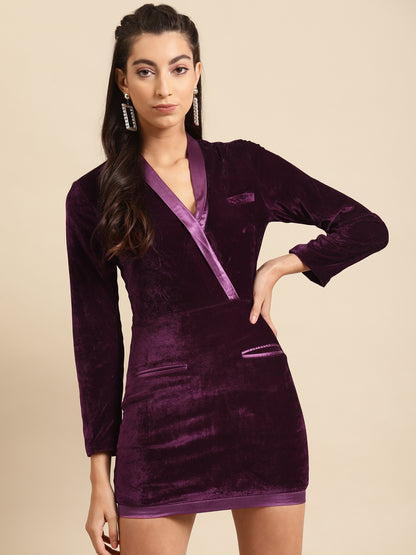 Purple Velvet Blazer Style Bodycon Mini Dress for Women | Party Wear Dress