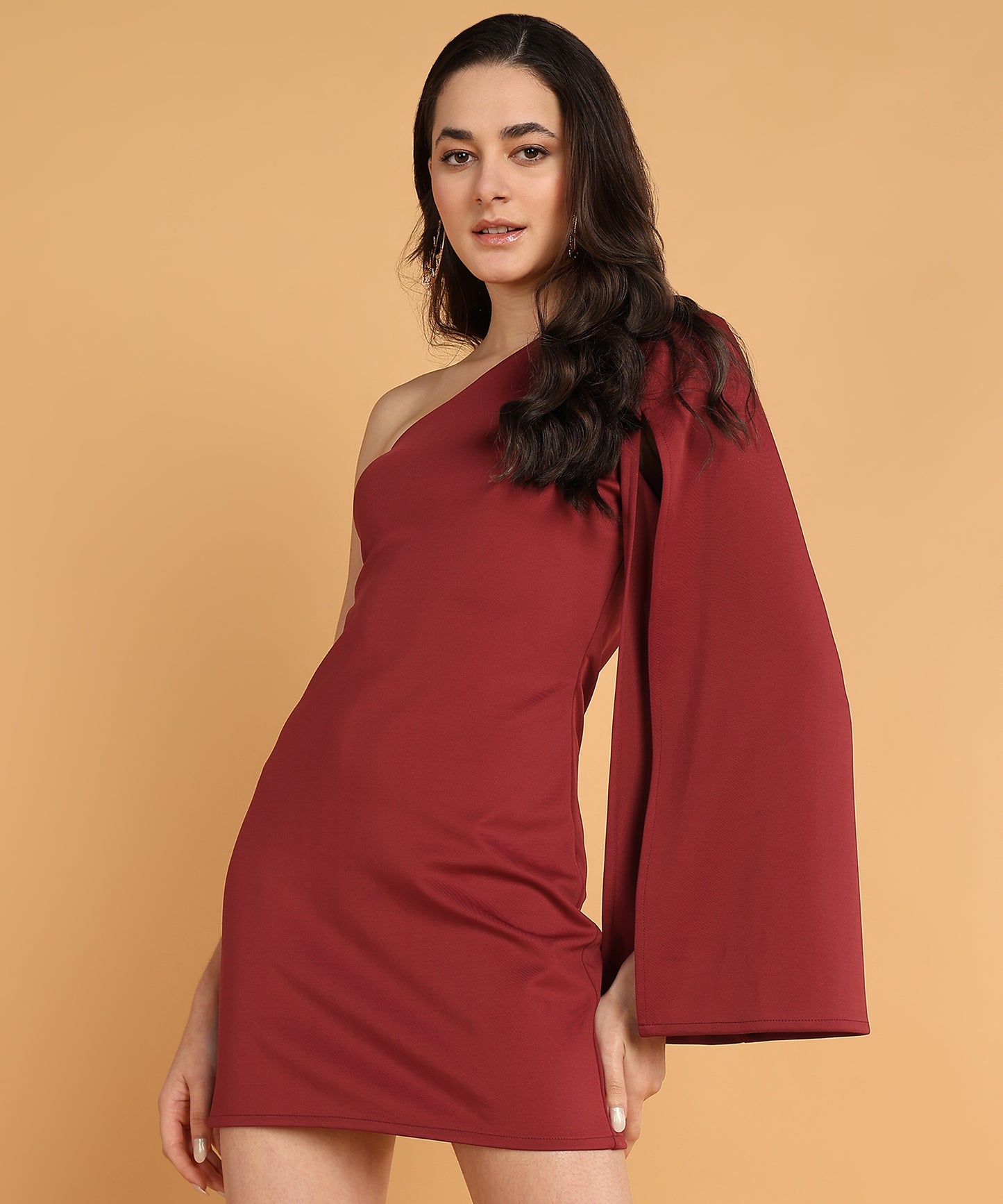 Maroon One-Shoulder Bodycon Mini Dress with Flared Sleeve for Women