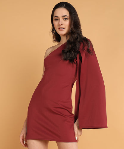 Maroon One-Shoulder Bodycon Mini Dress with Flared Sleeve for Women