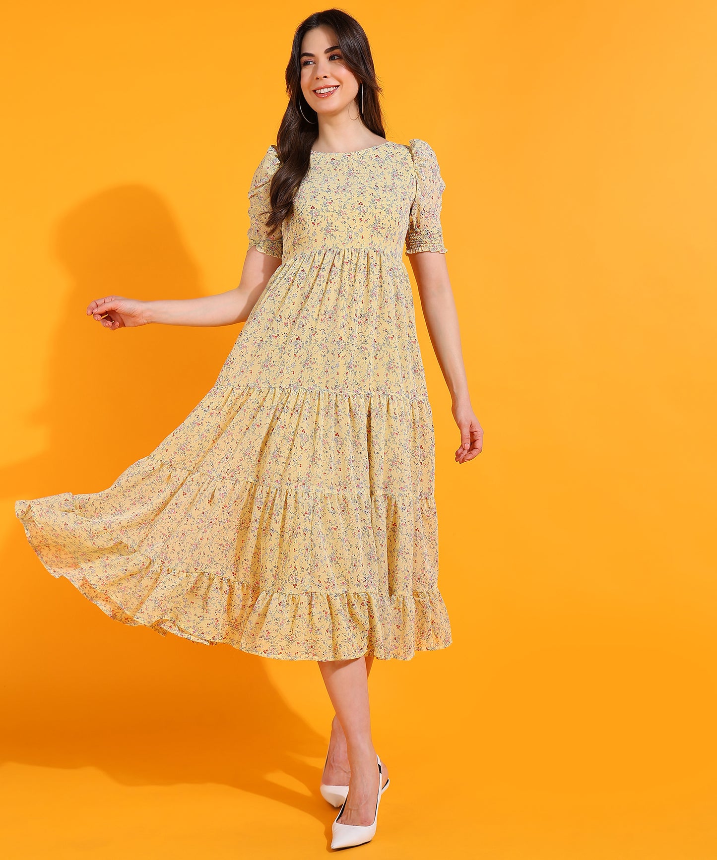 Yellow Floral Midi Dress with Puff Sleeves – Casual Summer Boho Dress for Women