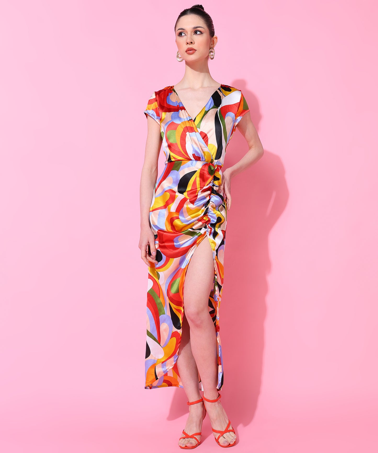 Multicolor Abstract Print Ruched High Slit Wrap Dress for Women