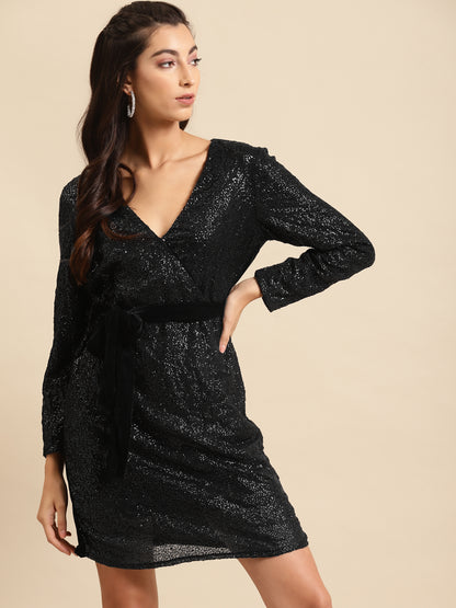 Women Black Sequin Wrap Mini Dress with Belt