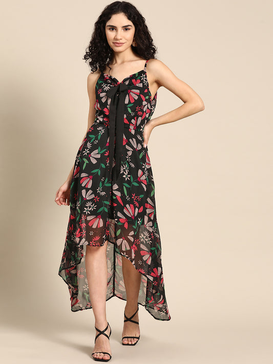 Black Floral High-Low Dress for Women Spaghetti Strap Asymmetric Hem Dress with Bow Detail