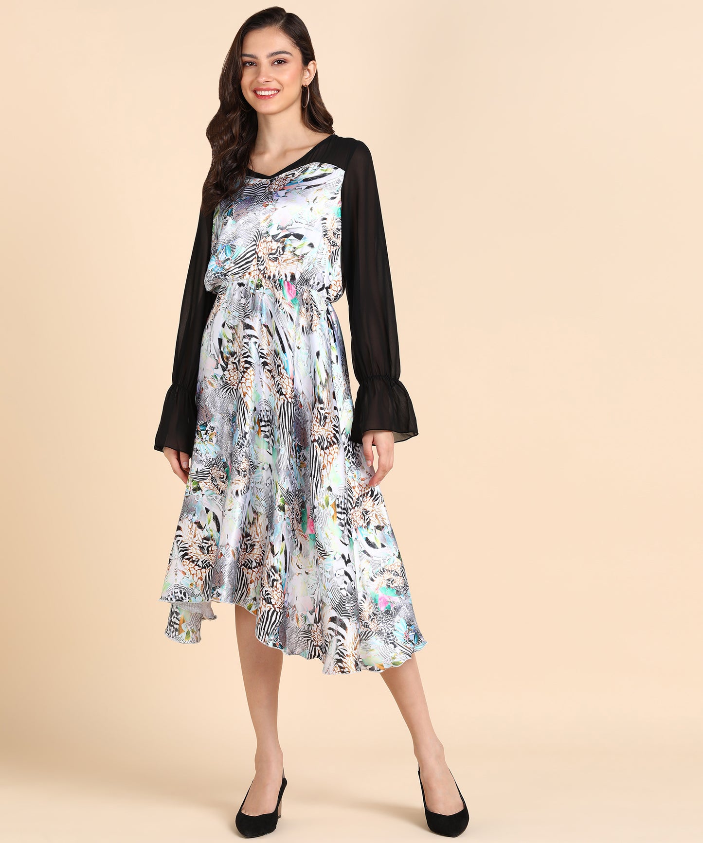 Floral Zebra Print Midi Dress with Sheer Black Sleeves – Elegant Collection