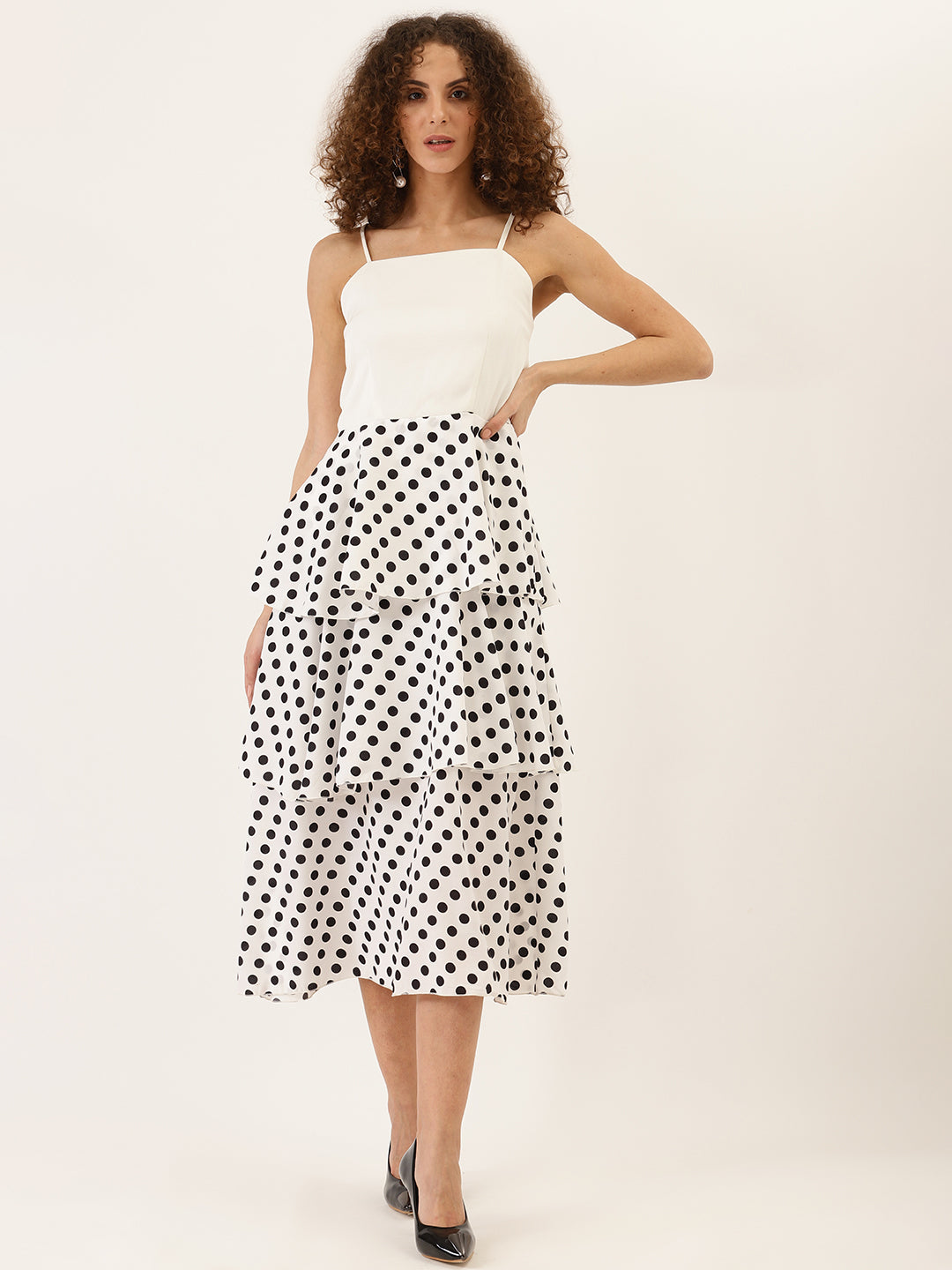 Women's White Spaghetti Strap Tiered Midi Dress with Black Polka Dots Stylish Layered Design