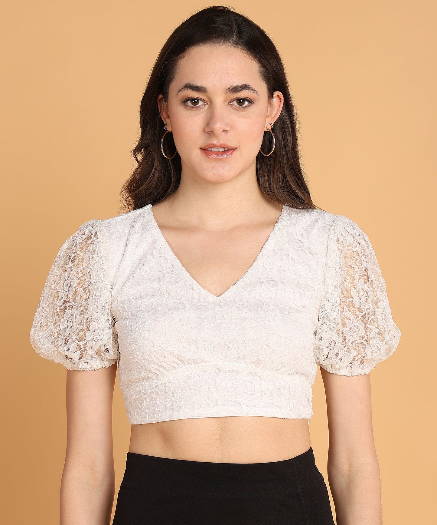 White Lace Puff Sleeve Crop Top for Women with V-Neck