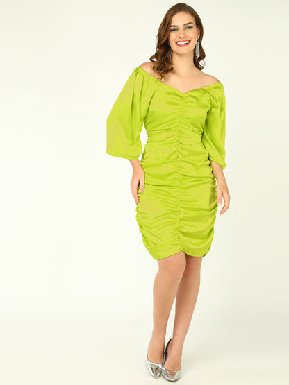 Lime Green Off-Shoulder Ruched Bodycon Dress with Bell Sleeves