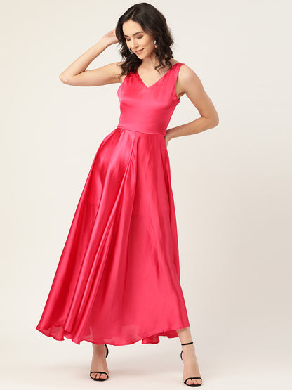 Women Pink Sleeveless Satin V-Neck Maxi Dress