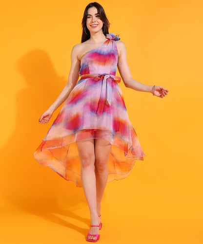 Multicolor One Shoulder High Low Dress | Elegant Party Wear Dress for Women