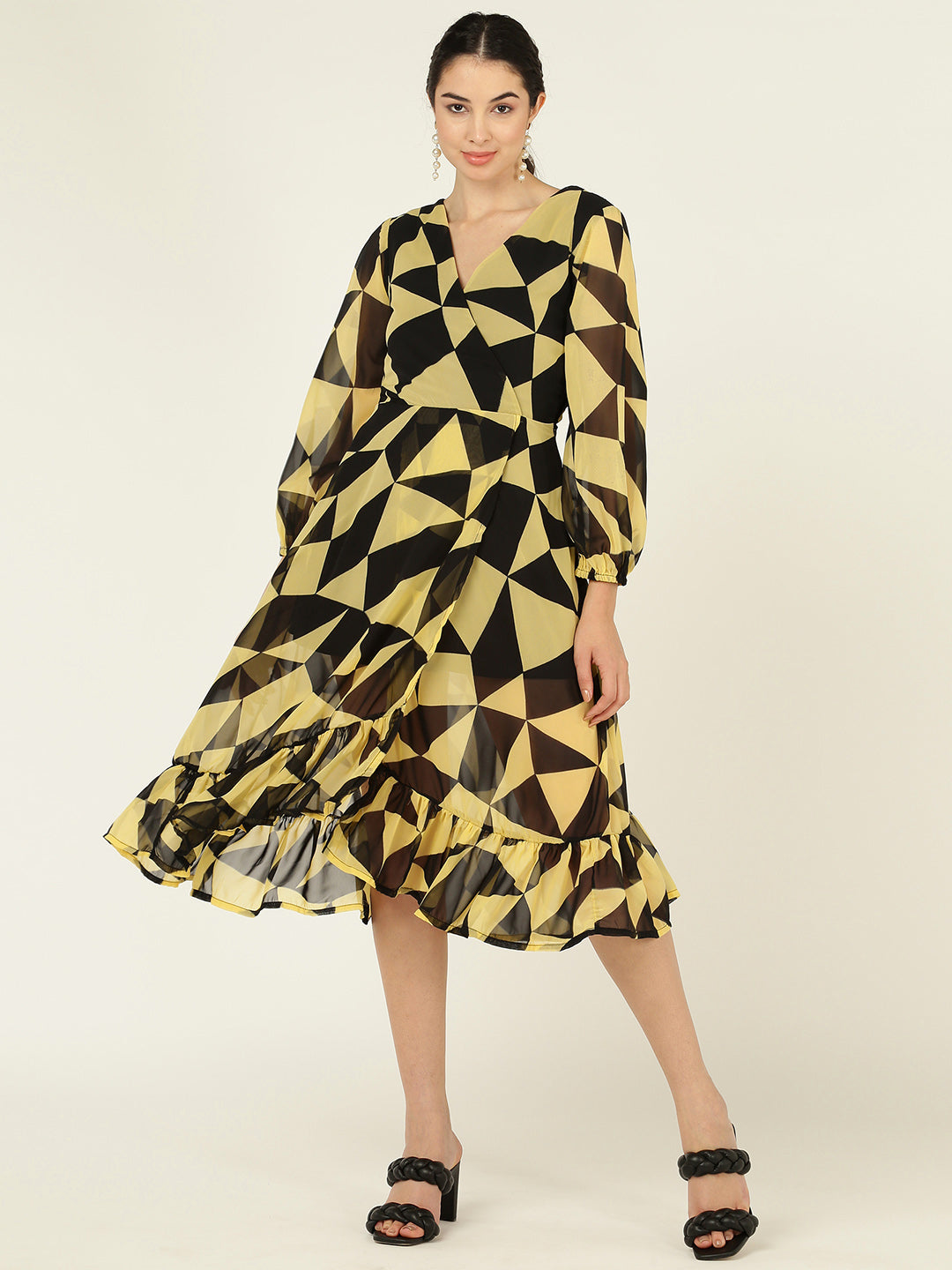 Geometric Print V-Neck Midi Dress with Ruffle Hem & Sheer Sleeves