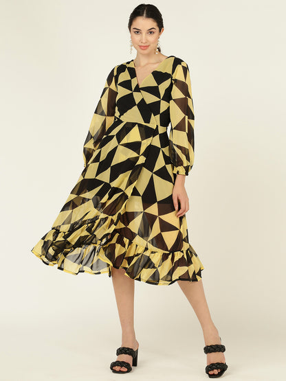 Geometric Print V-Neck Midi Dress with Ruffle Hem & Sheer Sleeves