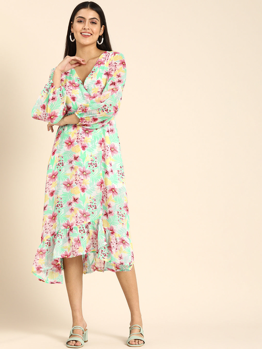 Tropical Mint Green Floral Wrap Dress with Ruffle Hem Vacation-Ready Midi Dress