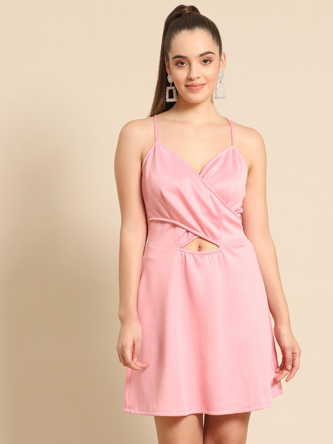 Stylish Pink Spaghetti Strap Mini Dress for Women | Cut Out Party Wear Outfit