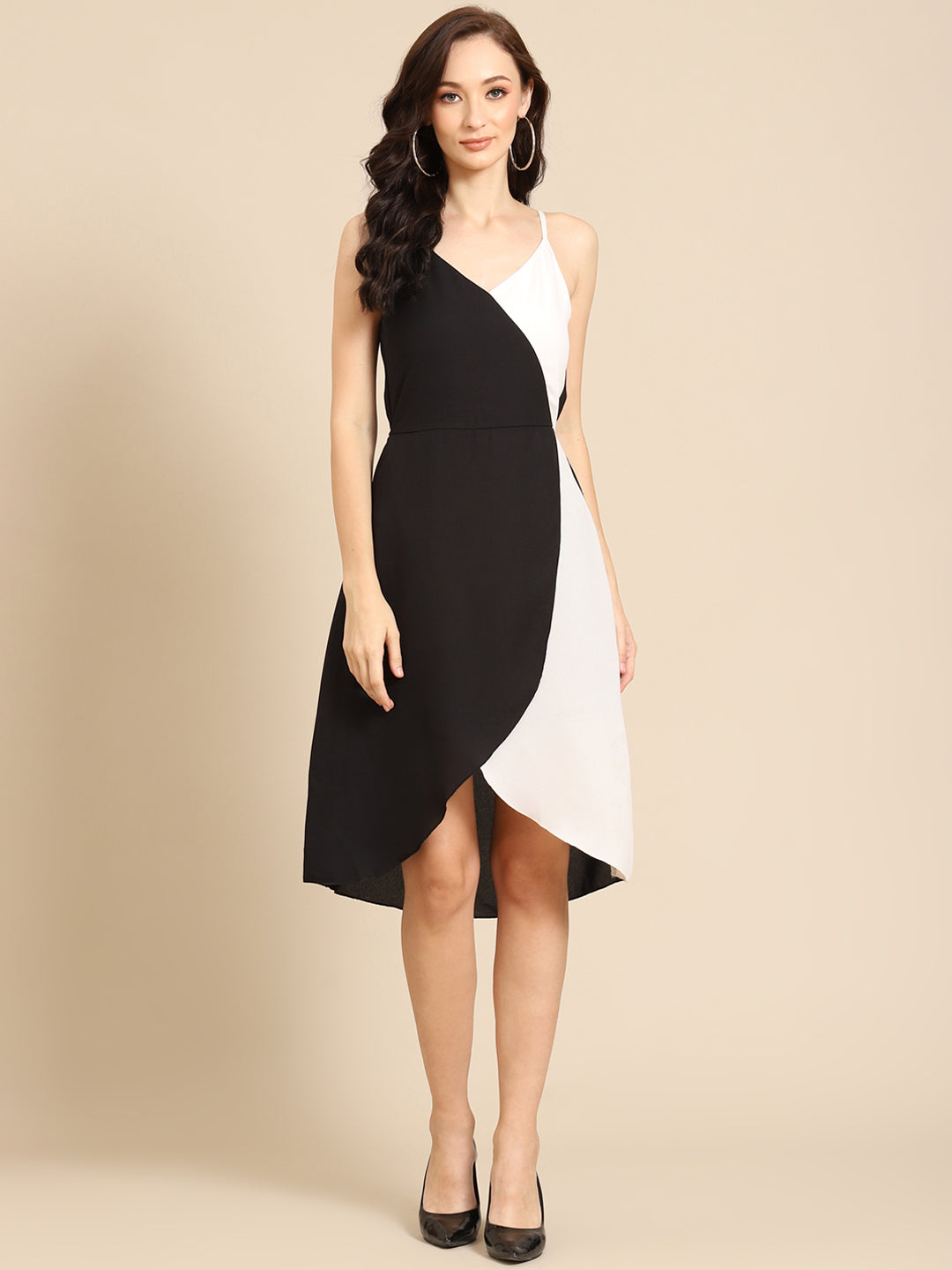 Women Black and White Colorblock Sleeveless Asymmetrical Hem Dress