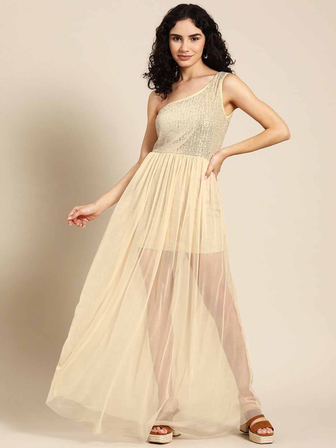 Beige One-Shoulder Sequin Mesh Overlay Party Dress