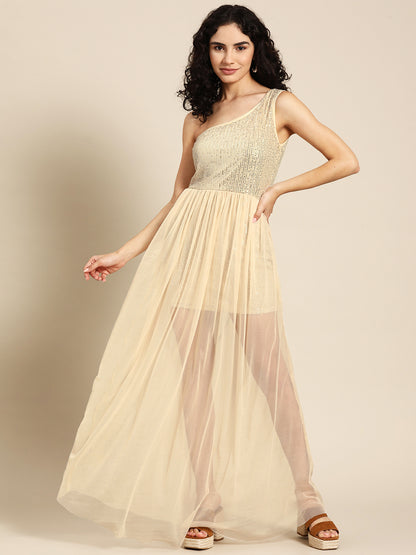Beige One-Shoulder Sequin Mesh Overlay Party Dress