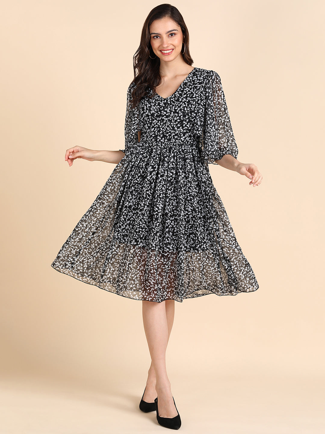 Black Floral A-Line Midi Dress for Women with Sheer Sleeves – Elegant Casual Wear