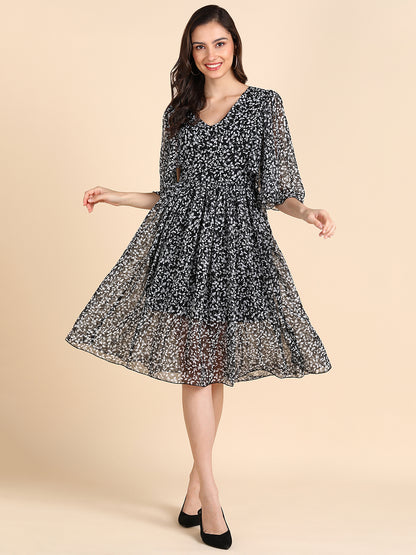 Black Floral A-Line Midi Dress for Women with Sheer Sleeves – Elegant Casual Wear