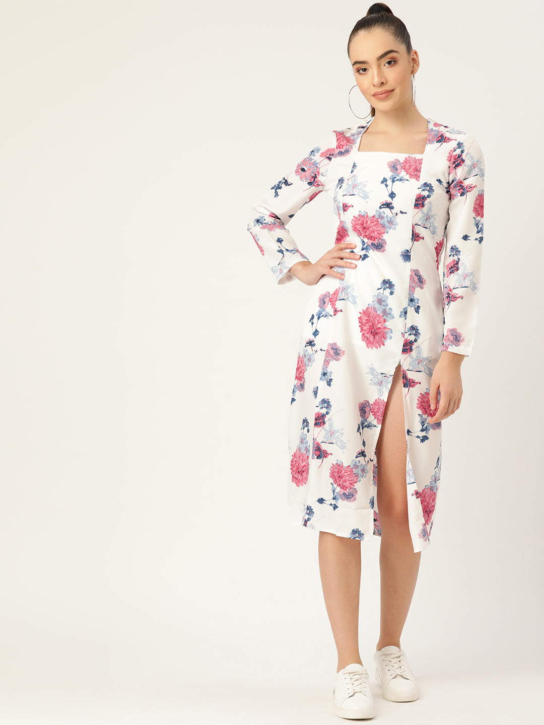 Elegant White Floral Midi Dress for Women with Front Slit – Long Sleeve Casual Chic Outfit