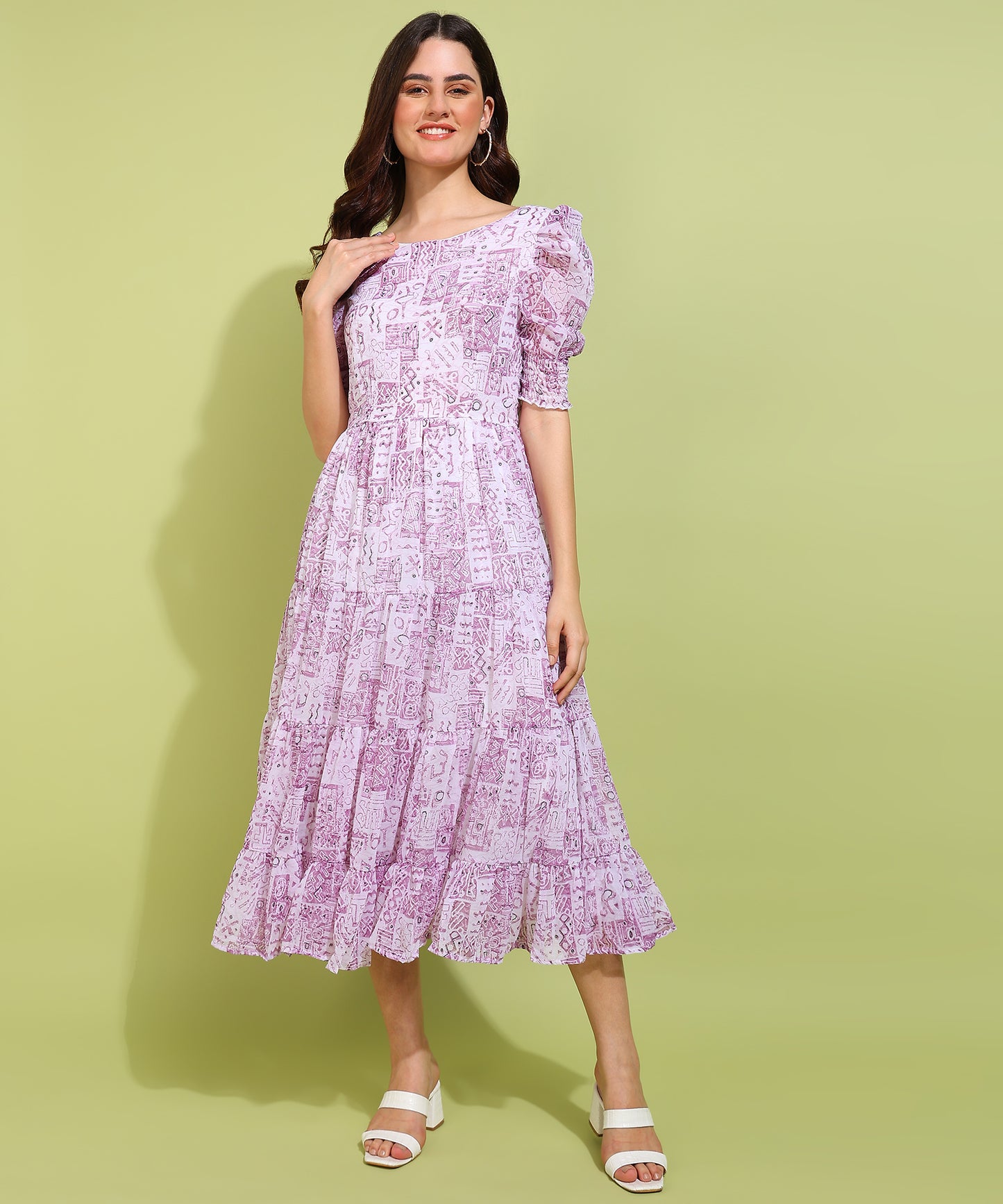 Women's Lilac Abstract Print Puff Sleeve Tiered Midi Dress – Elegant Summer Wear