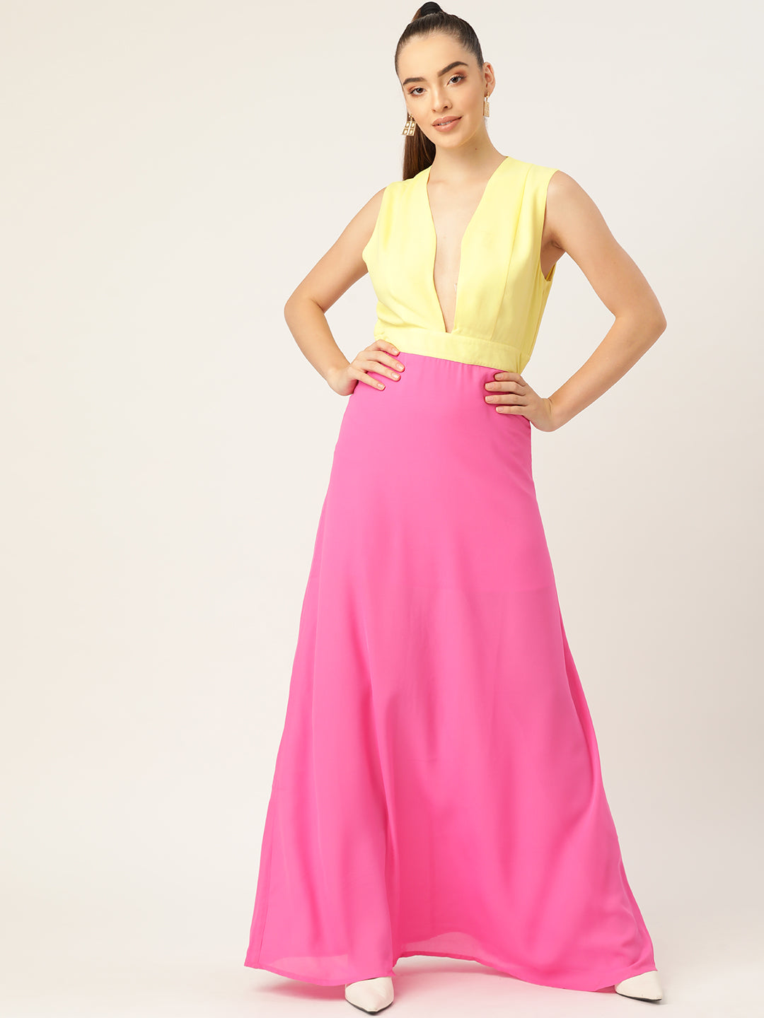 Yellow and Pink Colorblock Sleeveless Maxi Dress for Women