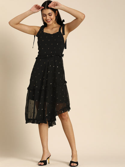 Black Sleeveless Midi Dress with Golden Foil Print and Tie-Up Straps