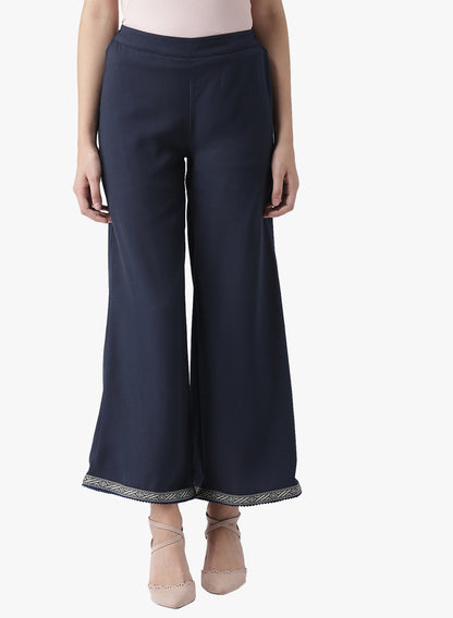Women's Navy Blue Wide-Leg Pants with Embroidered Hem – Ethnic Casual Trousers