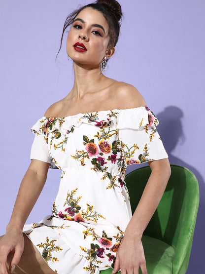 White Off-Shoulder Floral Print Dress for Women Ruffled Neck Casual Summer Dress