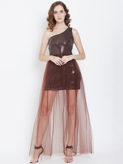 One Shoulder Sequin Brown Dress with Sheer Net Overlay