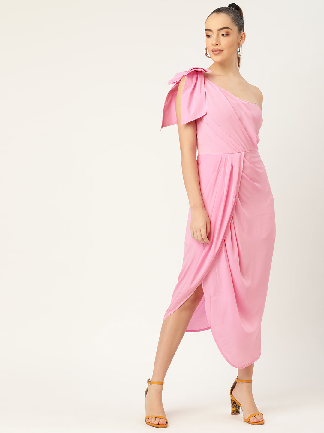 Women Pink One Shoulder Bow Detail Draped Midi Dress