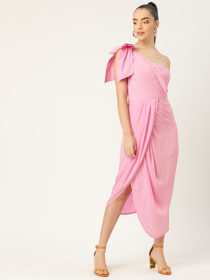 Women Pink One Shoulder Bow Detail Draped Midi Dress