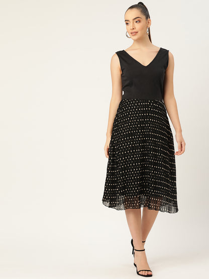 Sleeveless Black Polka Dot Pleated Midi Dress for Women