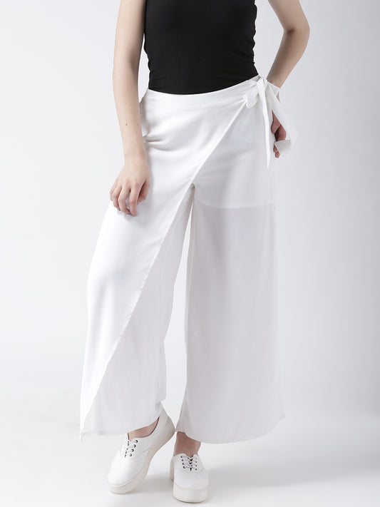White Wrap Style Wide Leg Trousers for Women