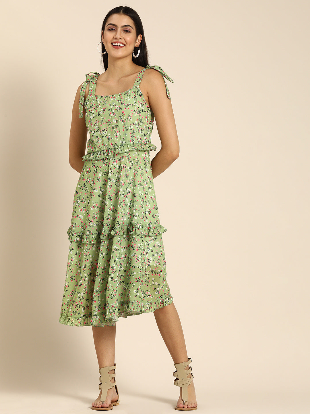 Green Floral Sleeveless Midi Dress with Tie-Up Straps-Casual Summer Wear