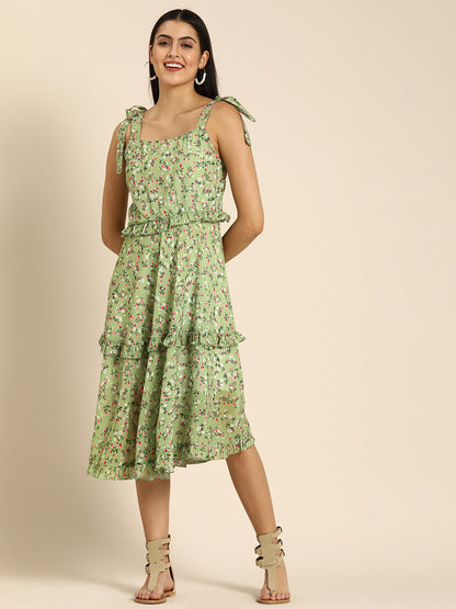 Green Floral Sleeveless Midi Dress with Tie-Up Straps-Casual Summer Wear