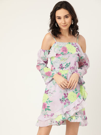 Women’s Cold-Shoulder Lilac Floral Ruffle Mini Dress