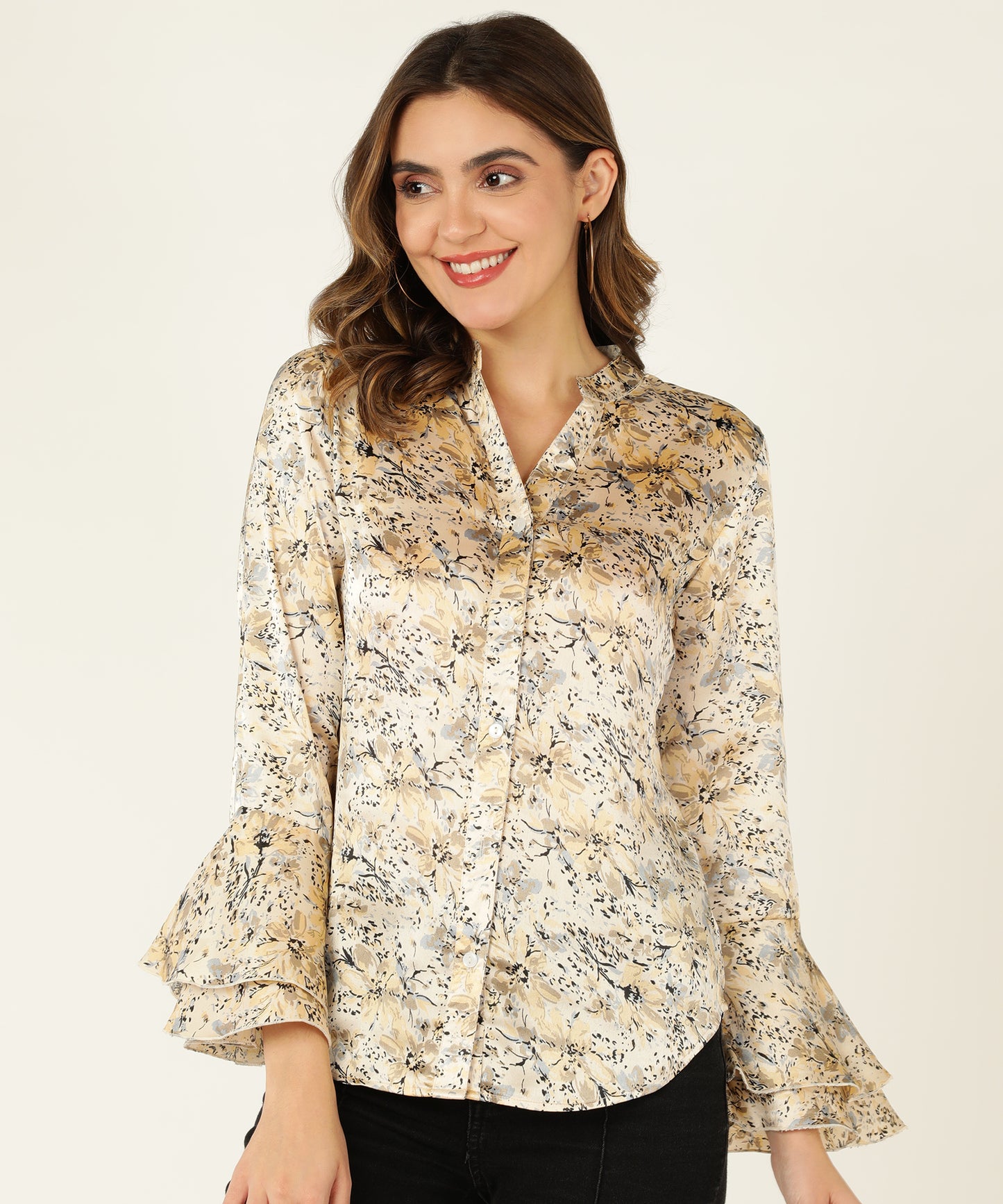 Women's Beige Satin Floral Print Shirt with Flared Sleeves