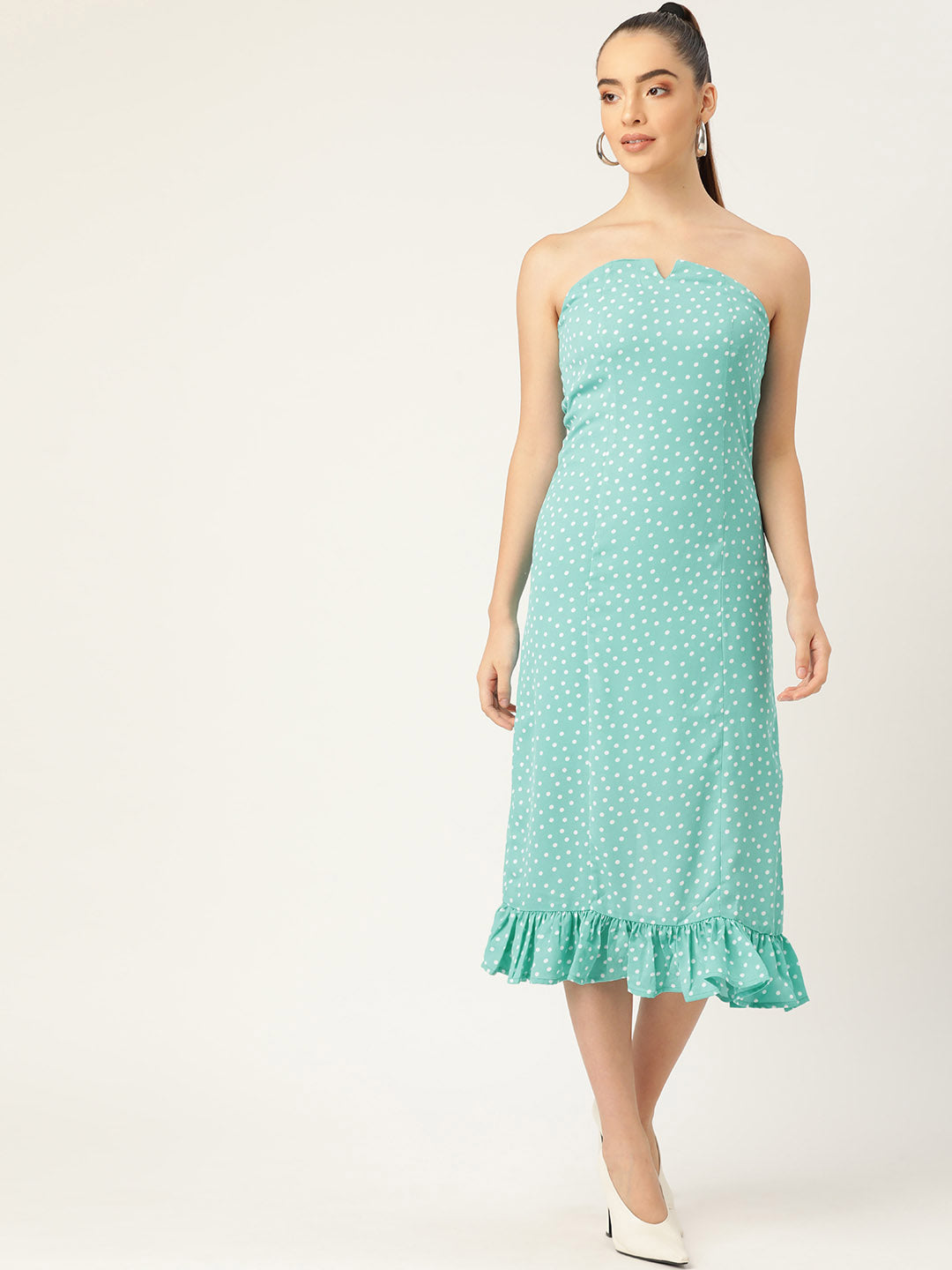 Elegant Mint Green Polka Dot Strapless Midi Dress with Ruffle Hem