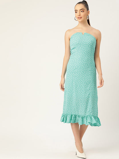 Elegant Mint Green Polka Dot Strapless Midi Dress with Ruffle Hem