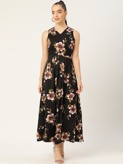 Women Black Floral Sleeveless Maxi Dress with V-Neck