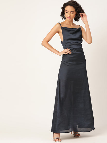 Elegant Black Satin Maxi Dress with Spaghetti Straps for Women