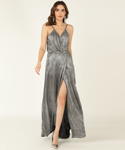 Grey Metallic Pleated Maxi Dress with Thigh Slit and Spaghetti Straps
