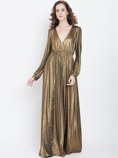 Gold Metallic Long Gown with Deep V Neck and Full Sleeves