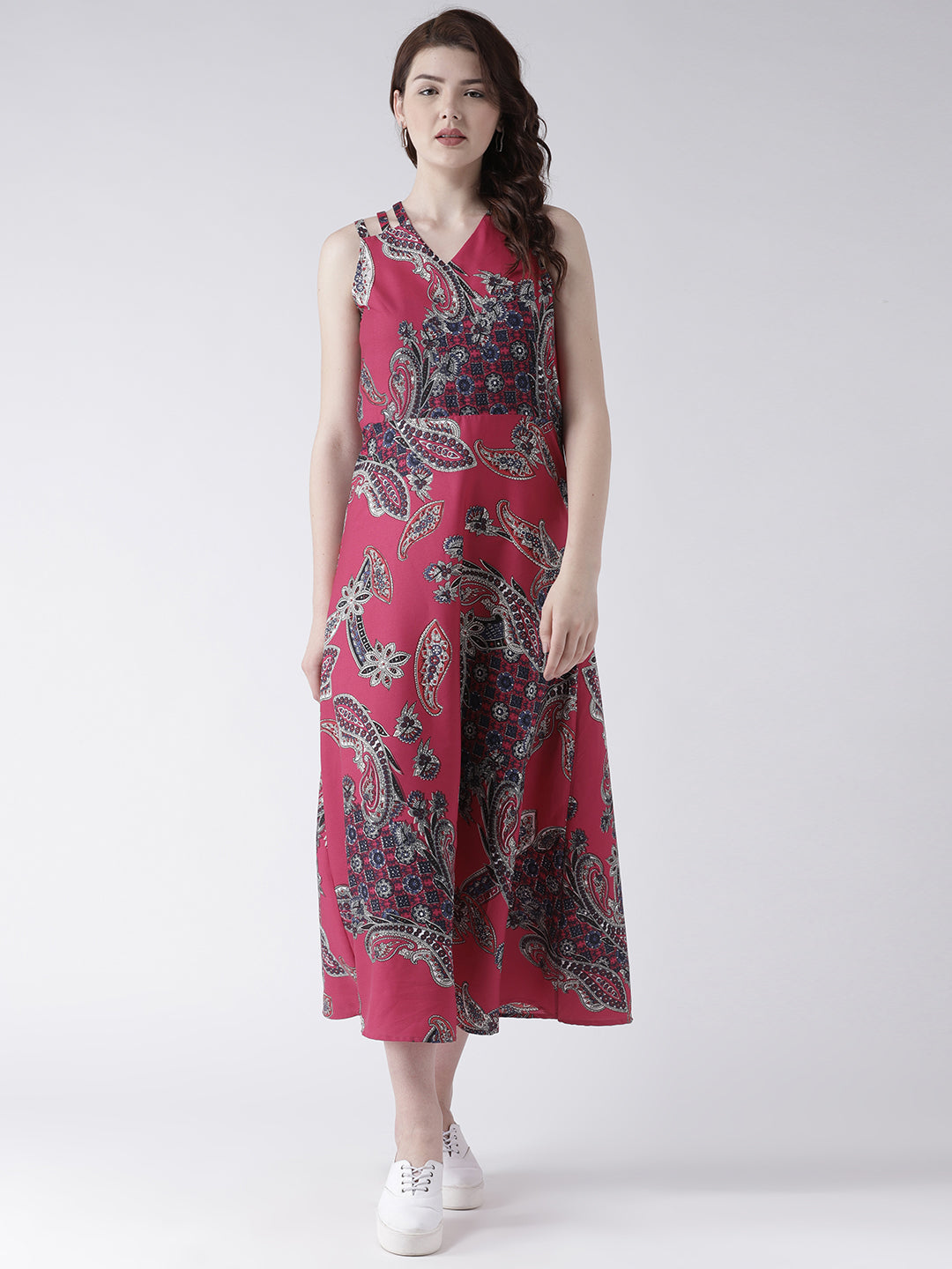 Women's Pink Paisley Print Sleeveless V-Neck Midi Dress